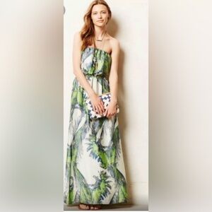 Anthropologie Maeve Elegant Green and White Strapless Maxi Dress